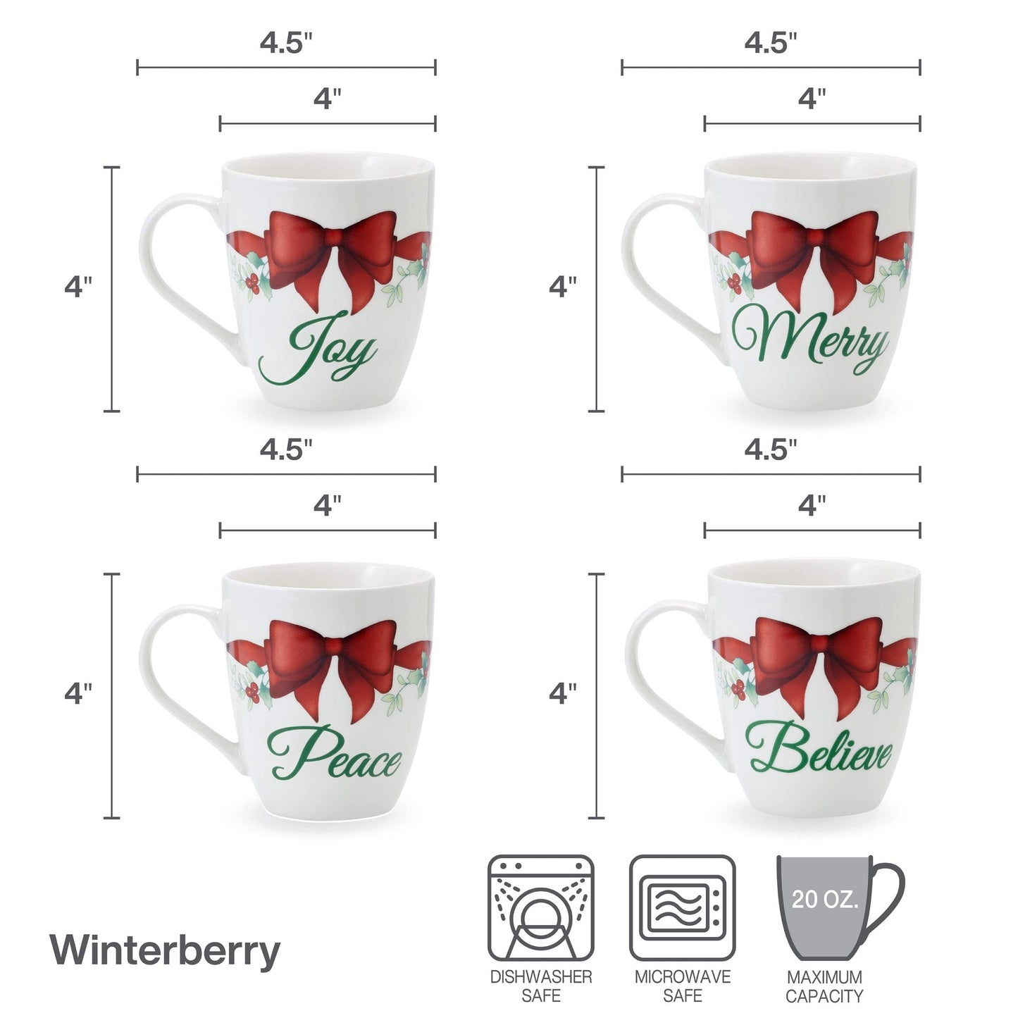 Winterberry Set Of 4 Red Ribbon Sentiment Mugs