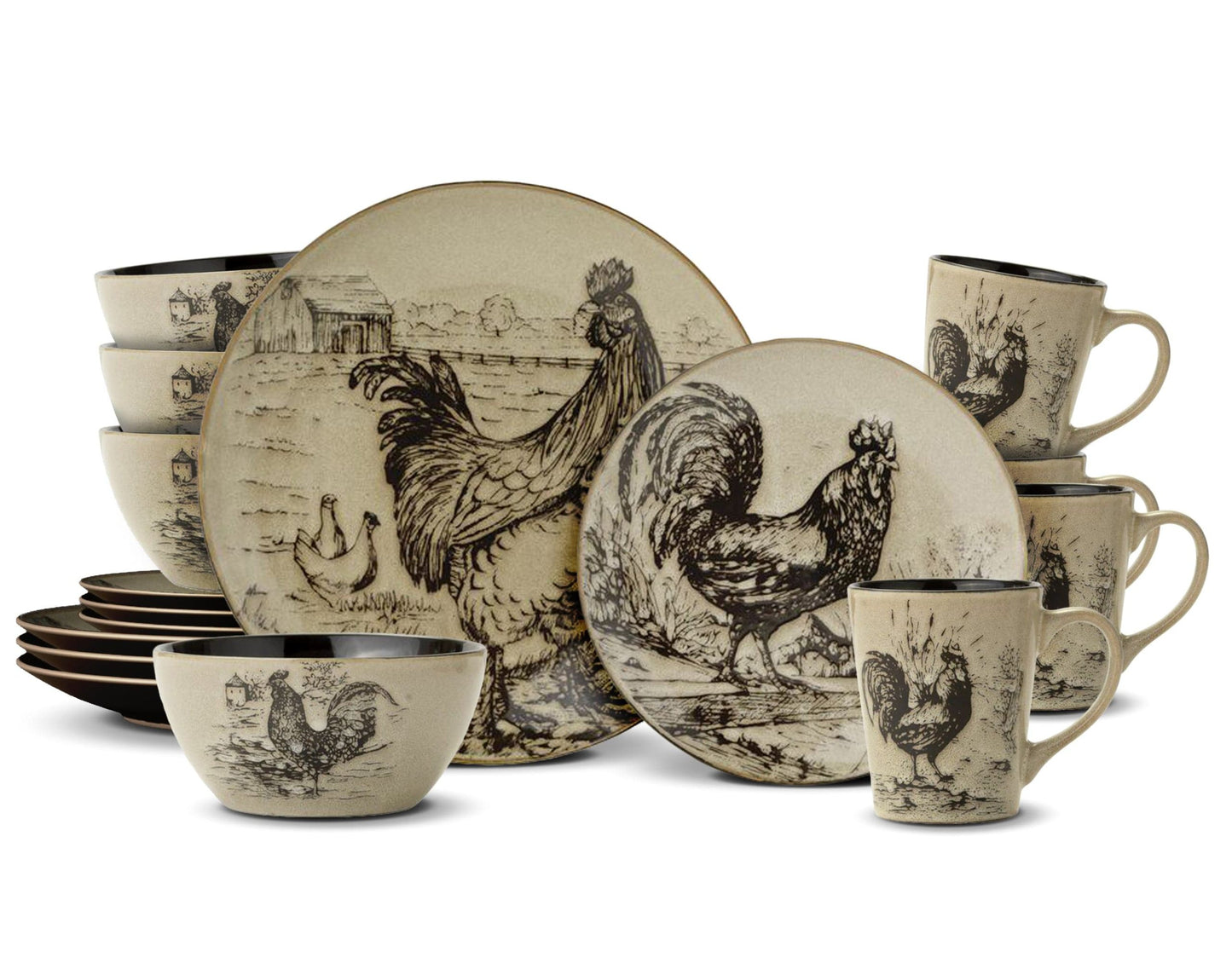 Homespun Rooster 16 Piece Dinnerware Set, Service For 4