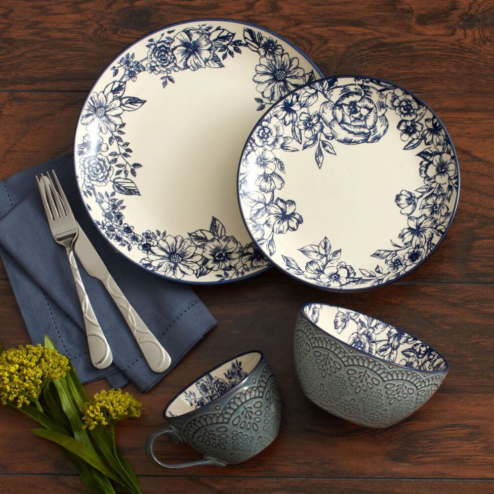 Gabriela Blue 16 Piece Dinnerware Set, Service For 4