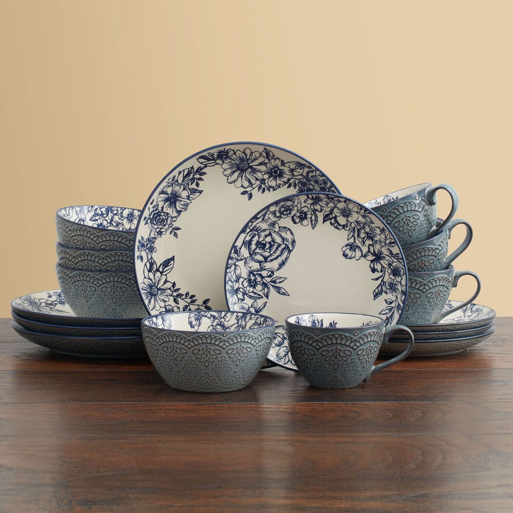 Gabriela Blue 16 Piece Dinnerware Set, Service For 4