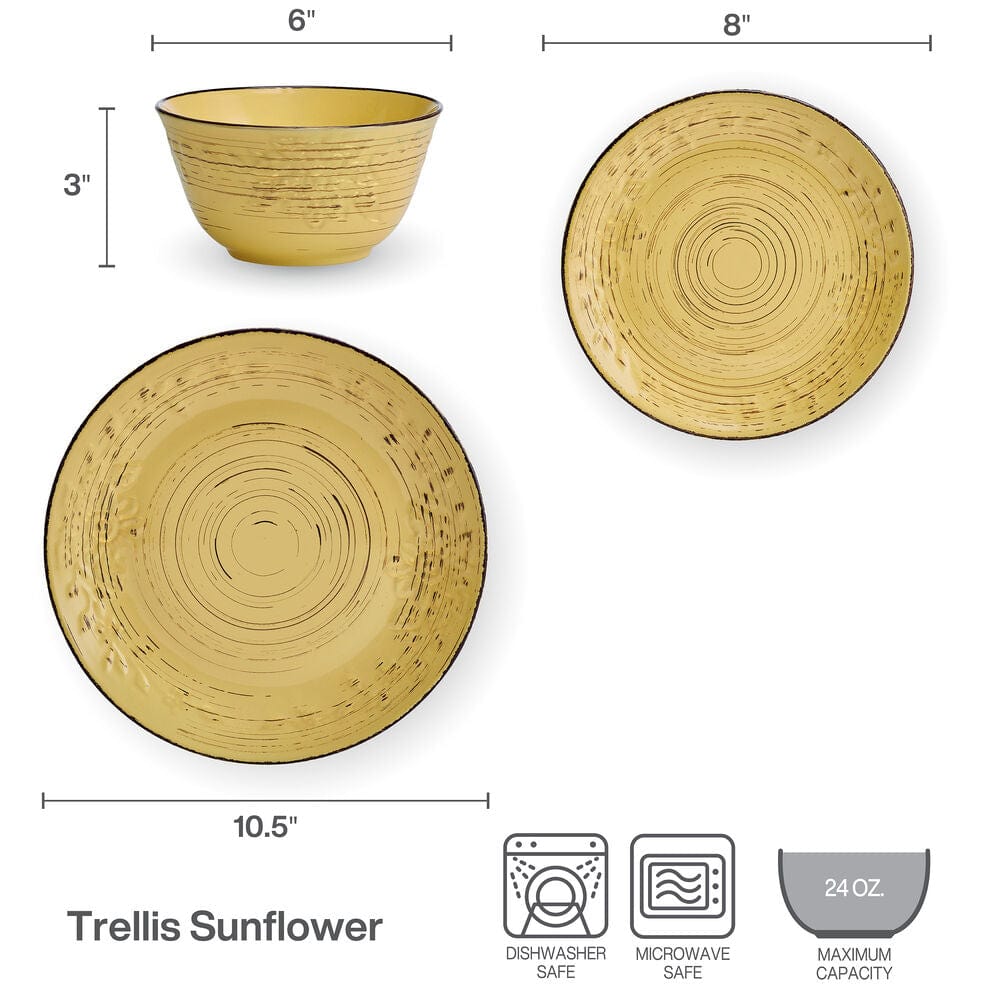 Trellis Sunflower 12 Piece Dinnerware Set, Service For 4