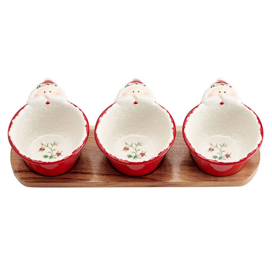 Winterberry Set Of 3 Santa Dip Bowls With Wood Base