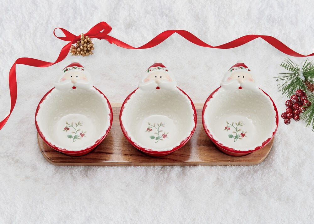 Winterberry Set Of 3 Santa Dip Bowls With Wood Base