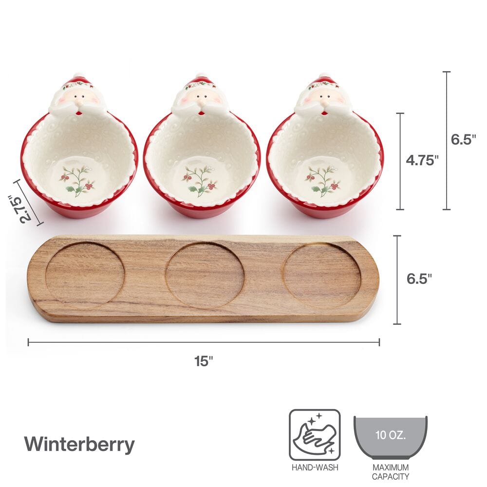 Winterberry Set Of 3 Santa Dip Bowls With Wood Base