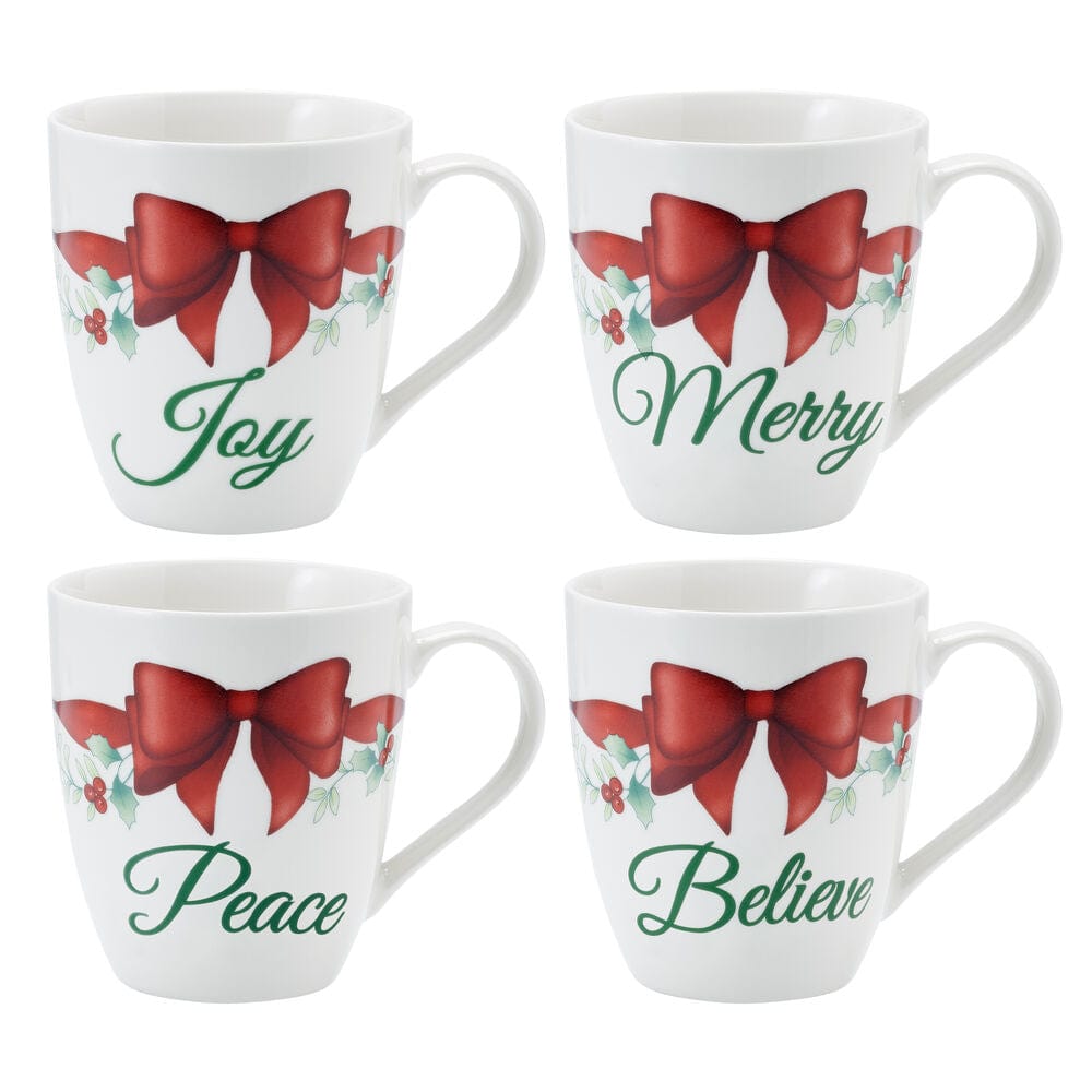 Winterberry Set Of 4 Red Ribbon Sentiment Mugs