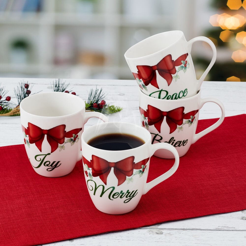 Winterberry Set Of 4 Red Ribbon Sentiment Mugs