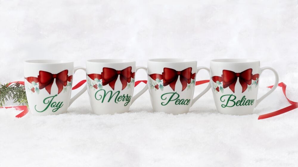 Winterberry Set Of 4 Red Ribbon Sentiment Mugs