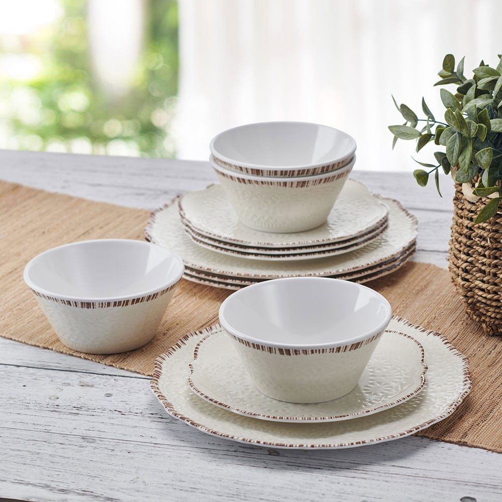 Chateau Cream 12 Piece Outdoor Melamine Dinnerware Set, Service For 4