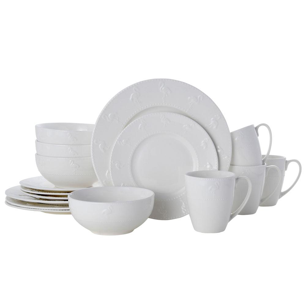 Flamingo White 16 Piece Dinnerware Set, Service For 4