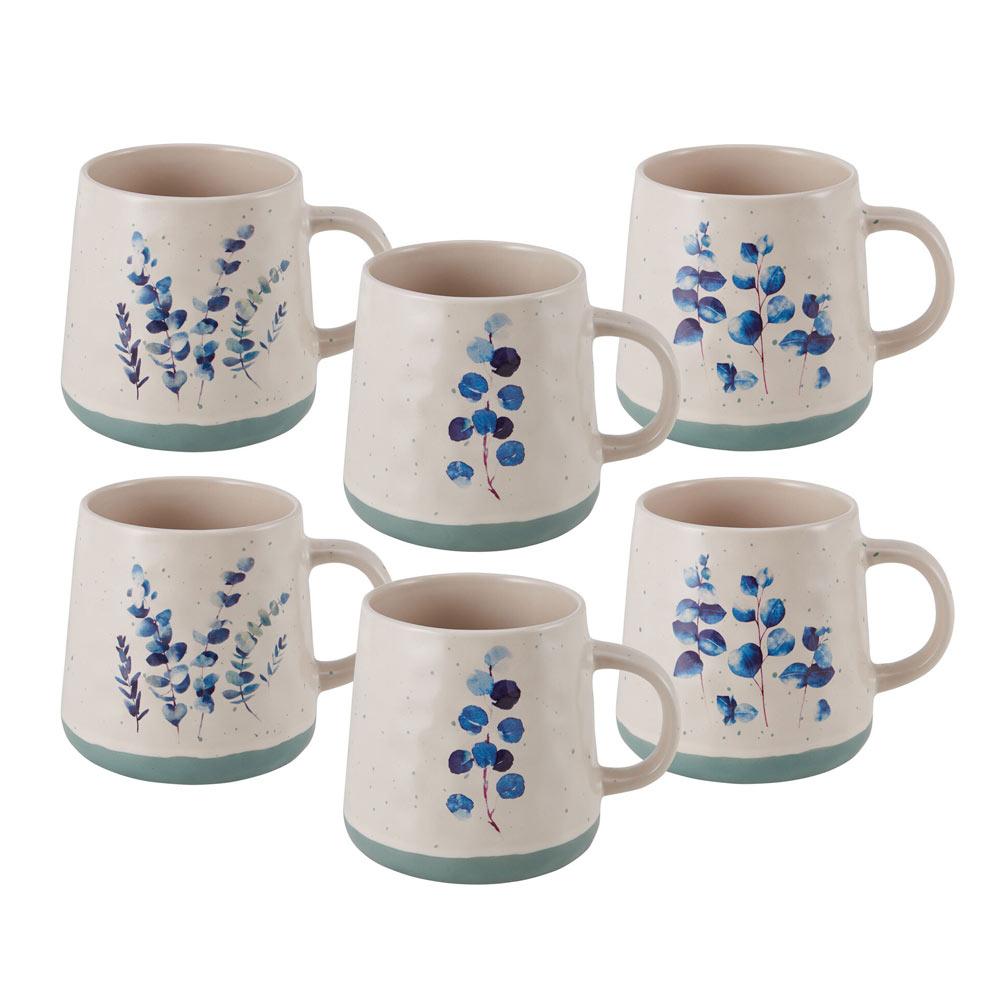 Floral Blue Set Of 6 Mugs, Assorted