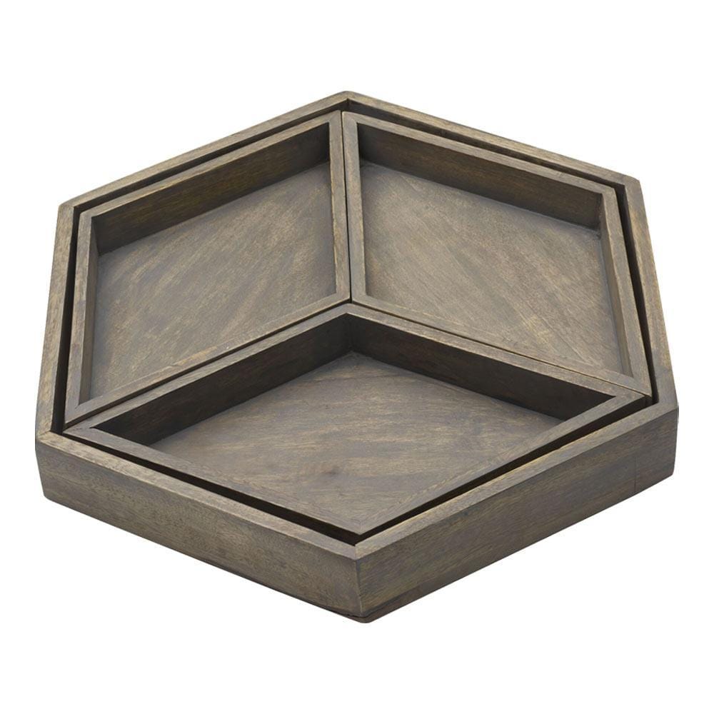 Hexagon 4 Piece Mango Wood Tray Set