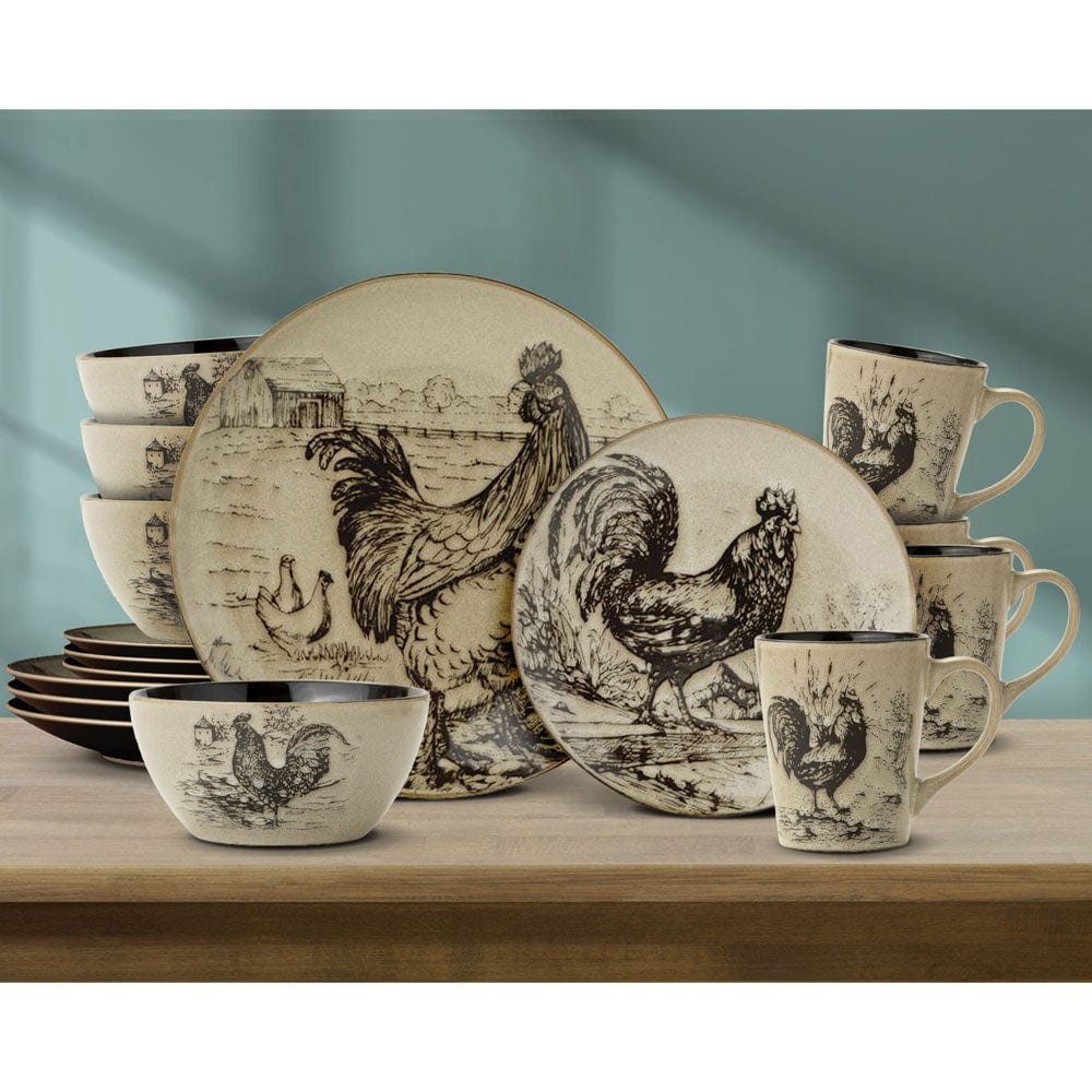 Homespun Rooster 16 Piece Dinnerware Set, Service For 4