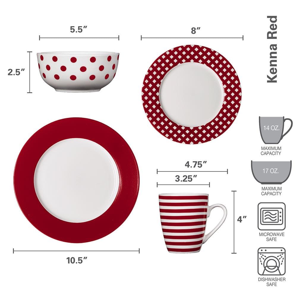 Kenna Red 16 Piece Dinnerware Set, Service For 4