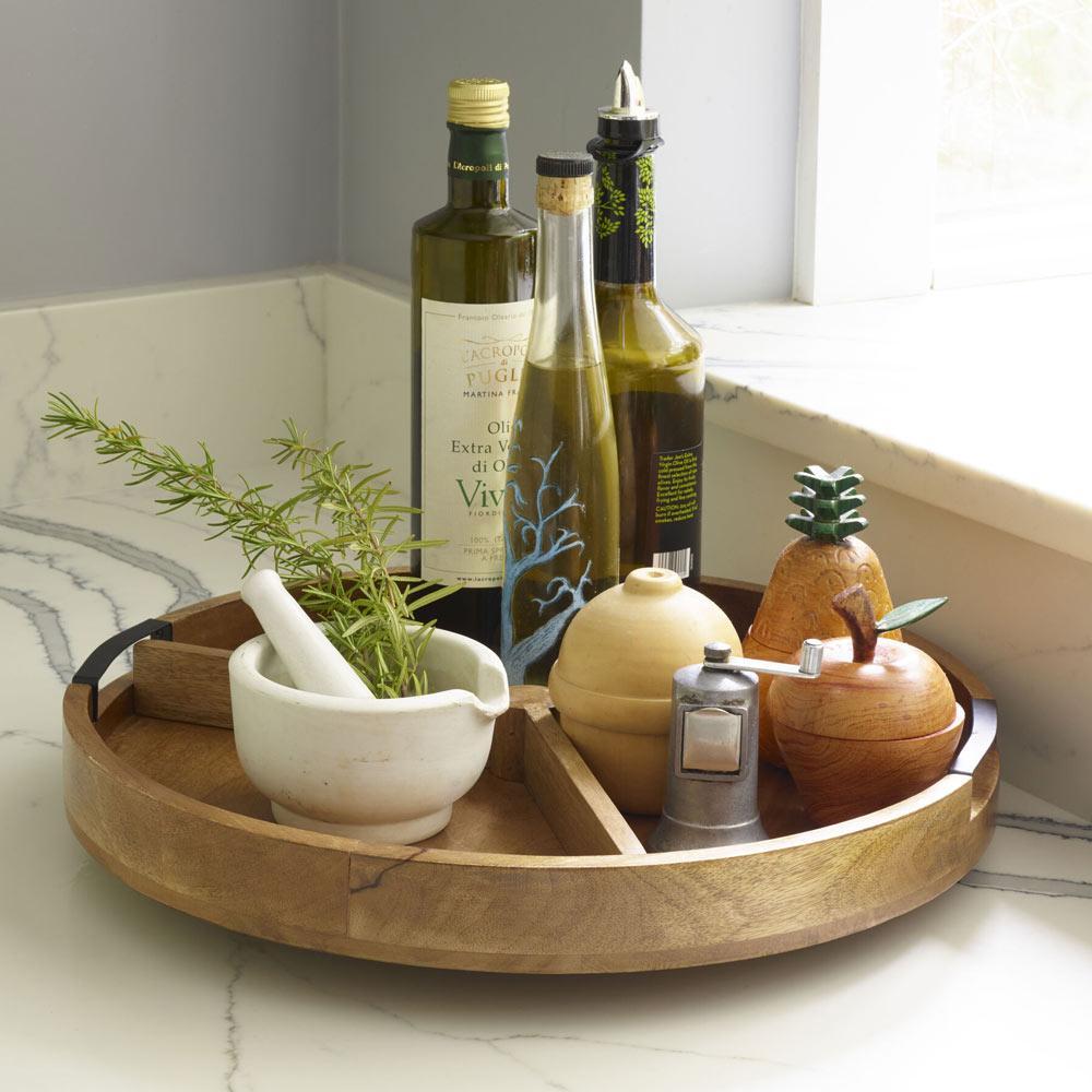 Lazy Susan Mango Wood Serve Tray With Removable Dividers, 18 Inch