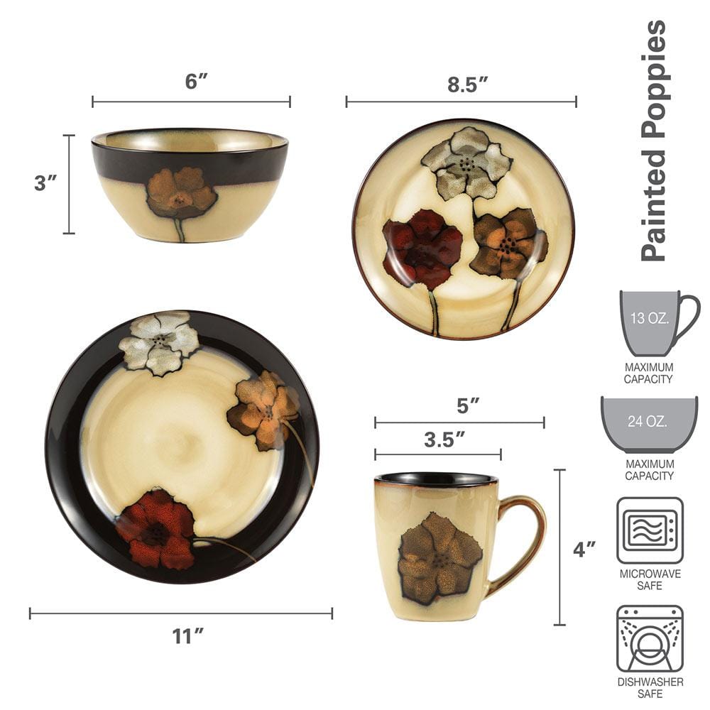 Painted Poppies 16 Piece Dinnerware Set, Service For 4