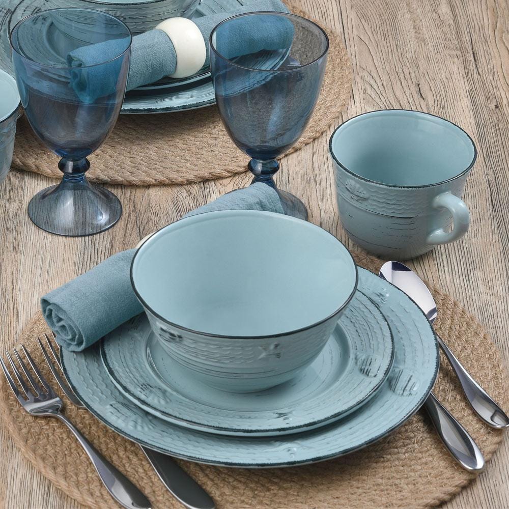 Trellis Coastal Teal 16 Piece Dinnerware Set, Service For 4