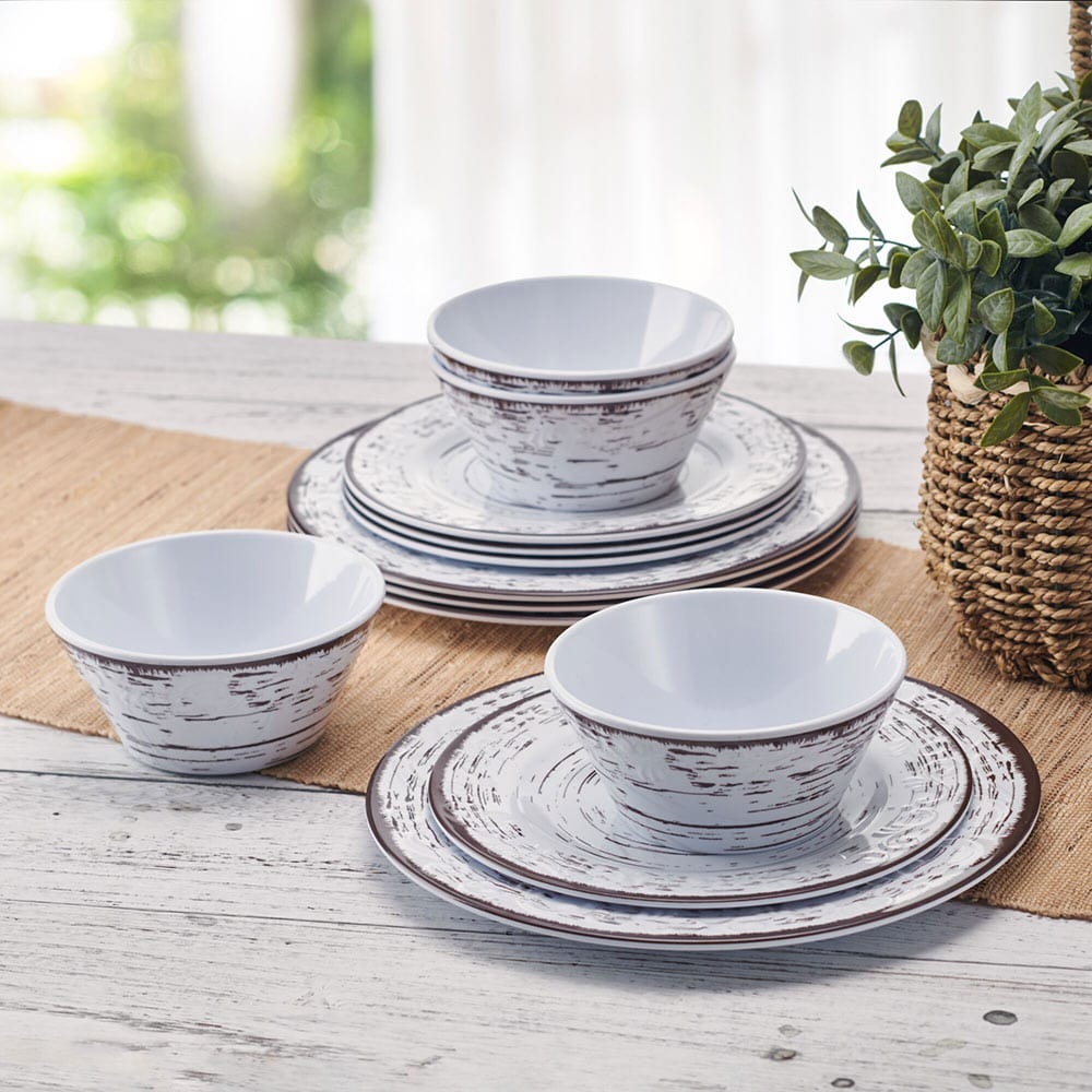 Trellis White 12 Piece Outdoor Melamine Dinnerware Set, Service For 4