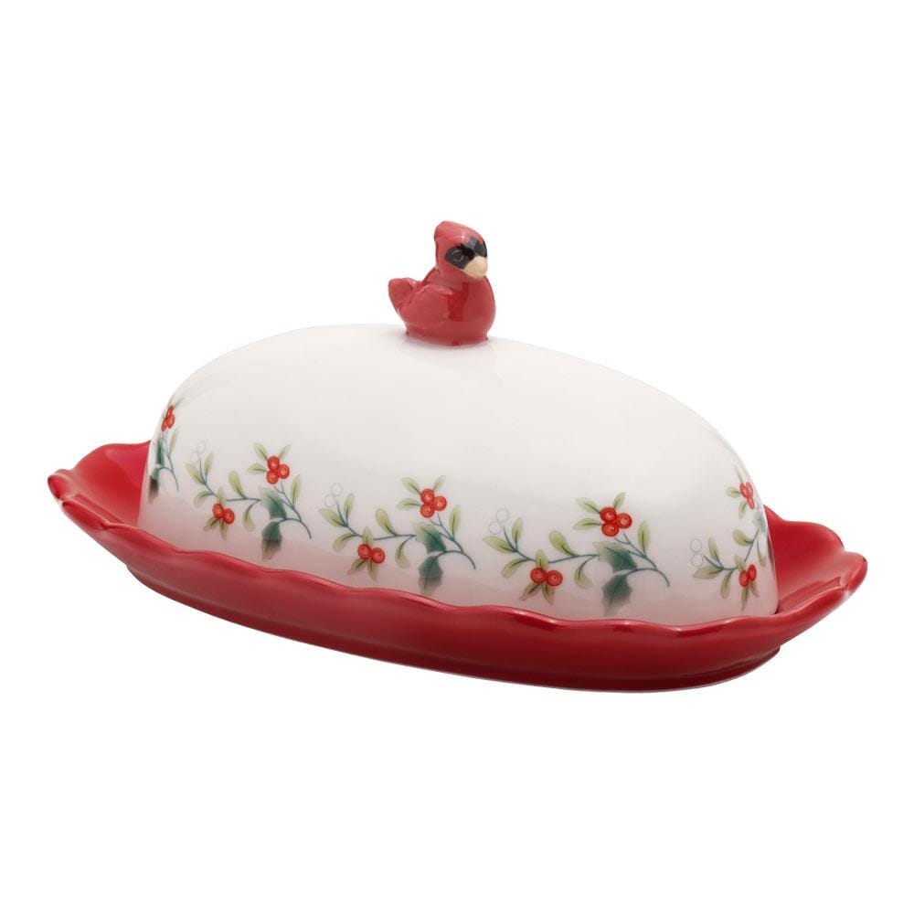 Winterberry Cardinal Ruffled Butter Dish