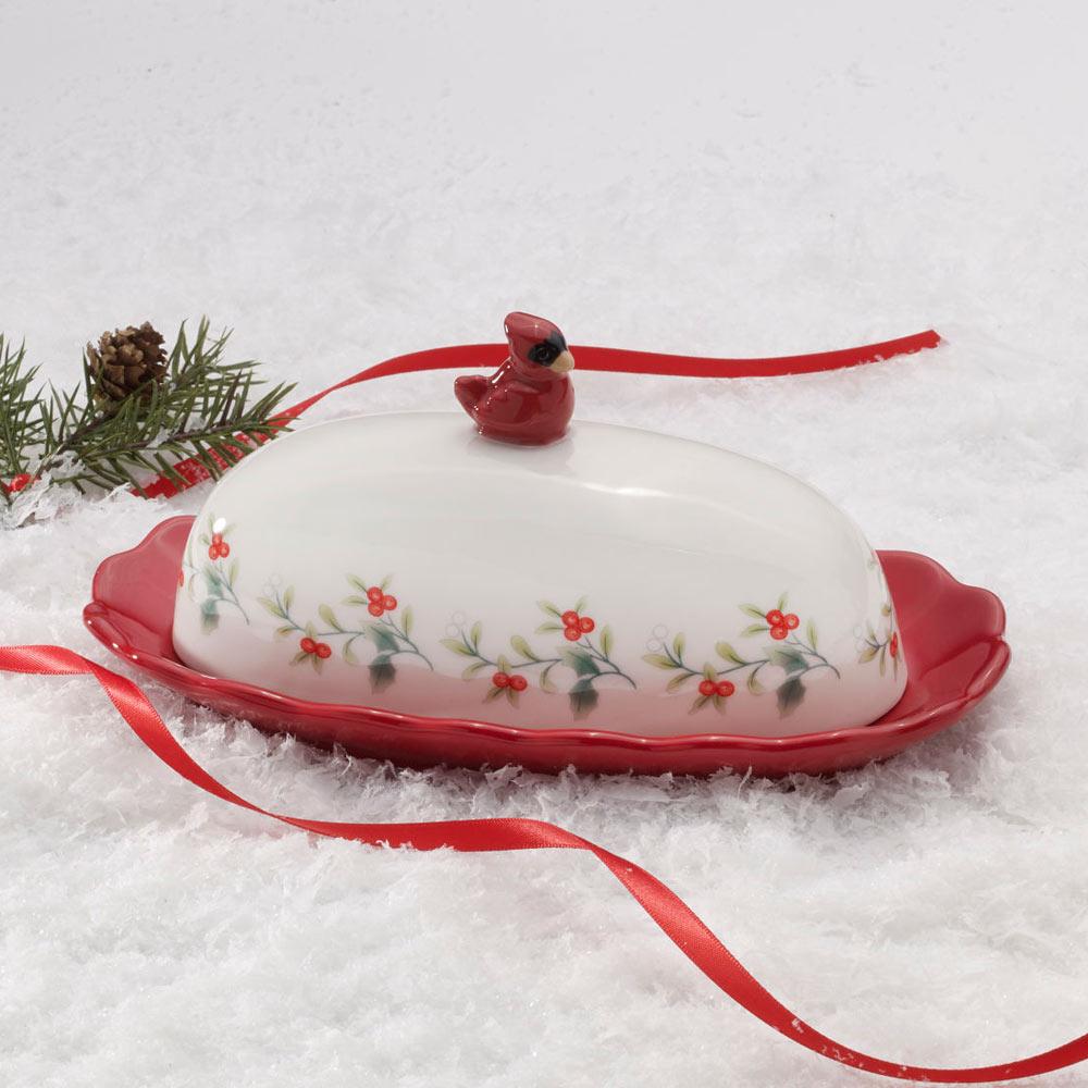 Winterberry Cardinal Ruffled Butter Dish