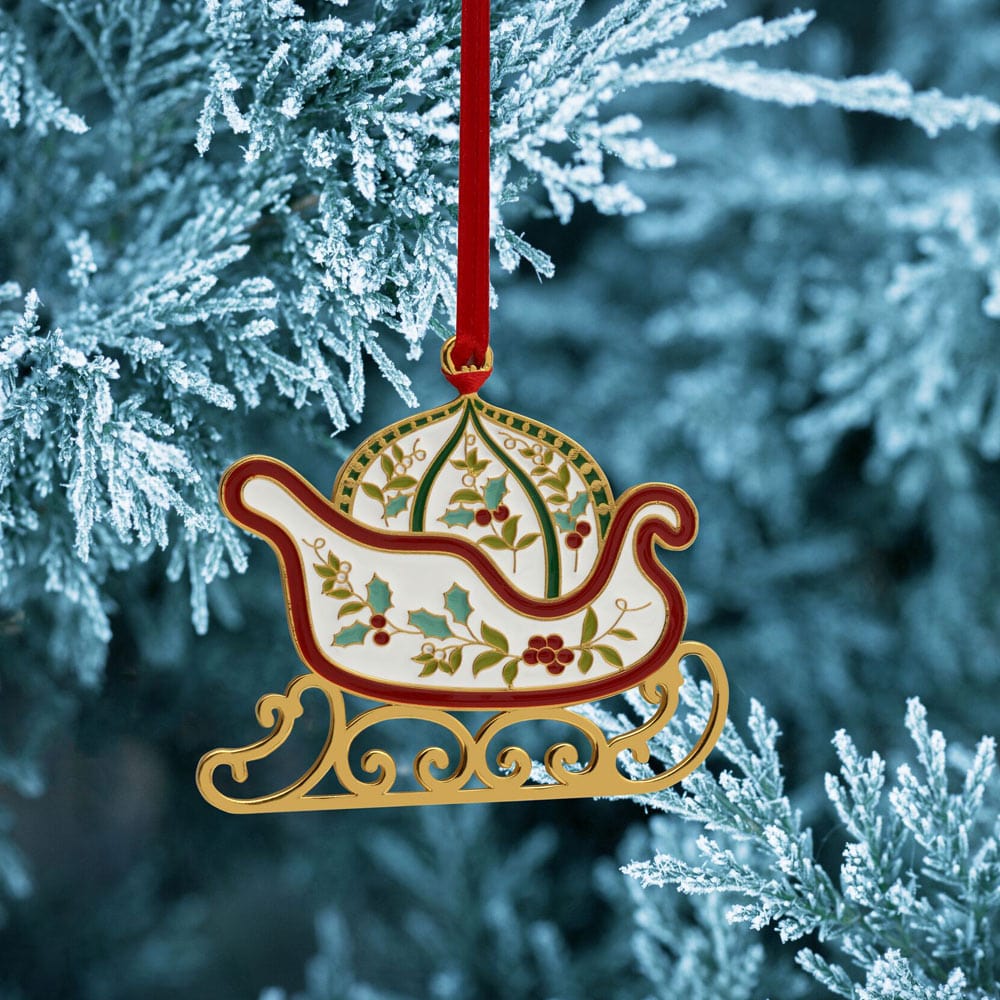 Winterberry Gold Plated Enamel Sleigh Christmas Ornament