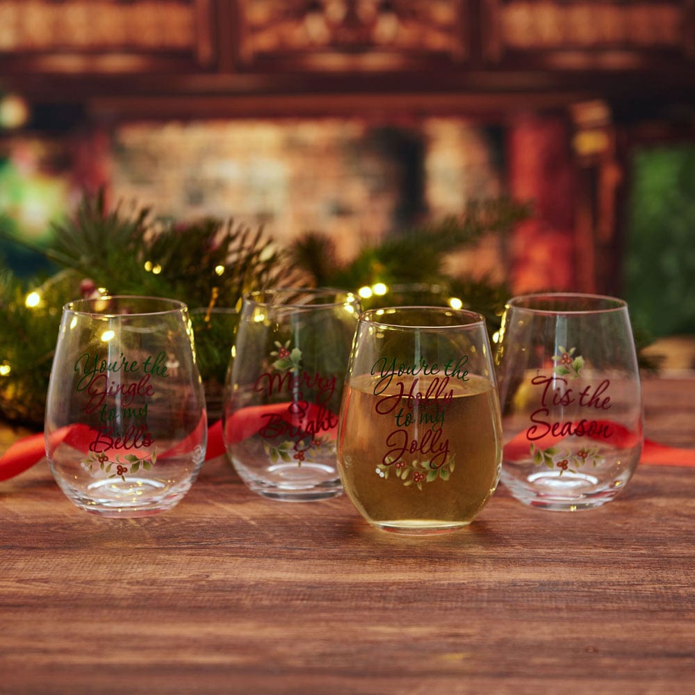 Winterberry Set Of 4 Sentiment Stemless Wine Glasses