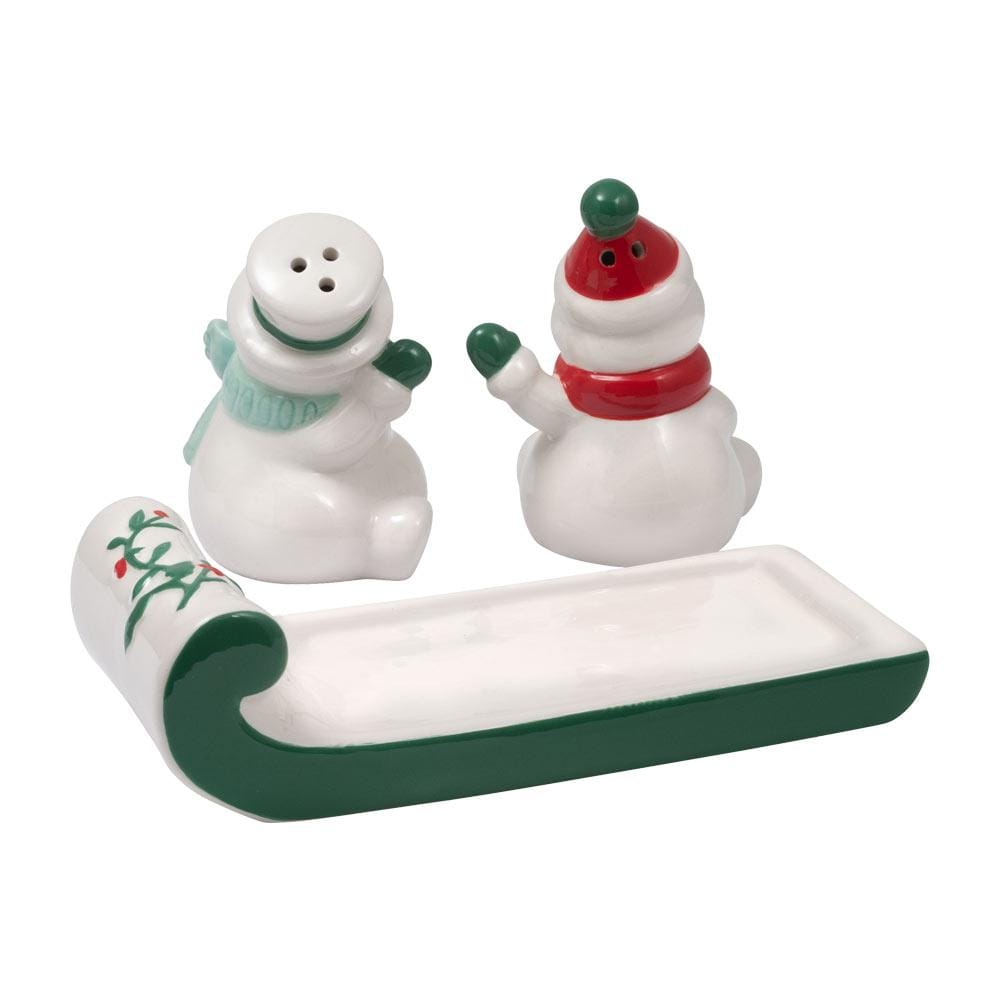 Winterberry Snowmen On Sled Salt And Pepper Set